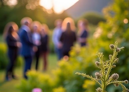 A group of professionals in a sunny garden pavilion networking during a finance conference