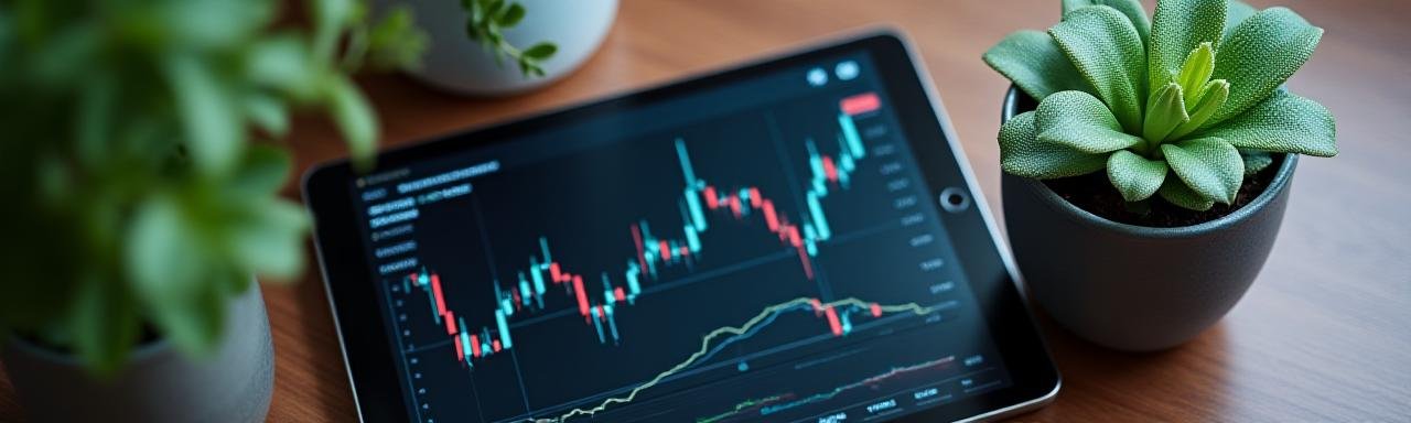Close-up of a high-tech tablet displaying financial charts next to a sage plant, symbolizing the blend of technology and wisdom