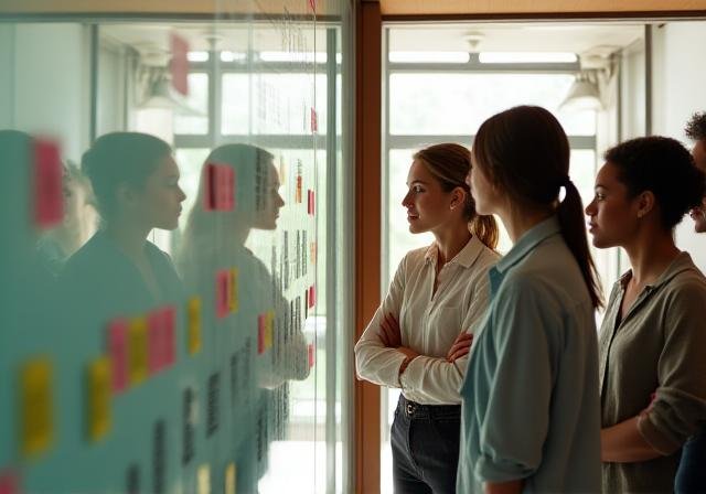 A professional mentor discussing financial charts with a diverse group of learners in a bright, modern office space